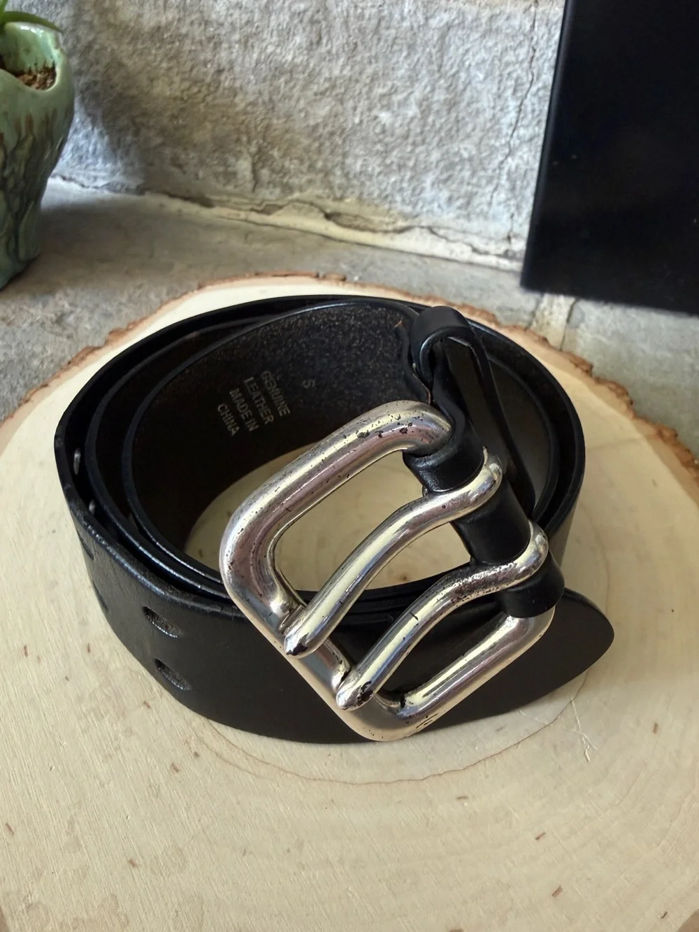Express Black Leather Belt with Silver Double Prong Buckle Size S/30